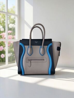 Celine Micro Luggage Tote Tricolor Leather Beige Blue Black Italy ✨ EUC